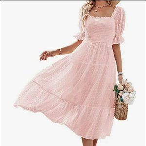 Summer Light Pink Dress Square Neck Puff Sleeve Boho Midi Dress Swiss Dot Ruffle